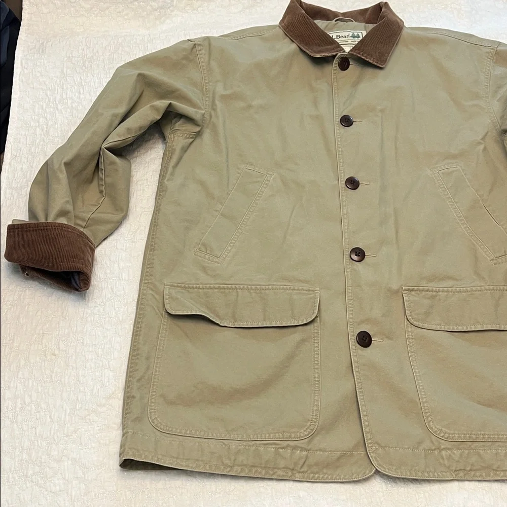 L.L.BEAN MENS COTTON TAN BARN COAT WITH CORDUROY COLLAR SIZE LARGE - Picture 3 of 12